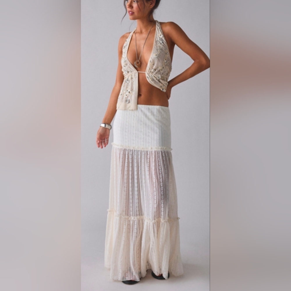 Kimchi Blue Cream Lace Tiered Semi-Sheer Maxi Skirt - Picture 3 of 5